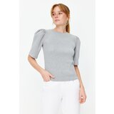 Trendyol Gray Melange Balloon Sleeve Crew Neck Ribbed Stretchy Knitted Blouse Cene