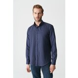 Avva Men's Navy Blue Button Collar Cotton Comfort Fit Relaxed Cut Shirt Cene