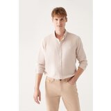 Avva Men's Beige Easy-Iron Button Collar Textured Cotton Standard Fit Regular Cut Shirt Cene