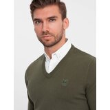 Ombre Men's sweater with v-neck with shirt collar - dark olive | ePonuda.com