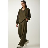 Happiness İstanbul Women's Khaki Ribbed Knitted Blouse Pants Suit Cene