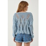  Women's Sky Blue Boat Neck Seasonal Openwork Knitwear Sweater | shoptok.hr