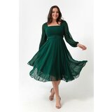 Lafaba Women's Emerald Green Square Neckline With Belt Midi Chiffon Plus Size Evening Dress. cene
