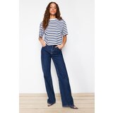 Trendyol Navy Blue Striped 100% Cotton Asymmetrical Loose/Relaxed Cut Knitted T-Shirt Cene