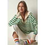 Happiness İstanbul Women's Cream Green Striped Zipper Collar Knitwear Sweater Cene