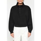 Trendyol Black Relaxed-Cut Crop Basic Zipper Stand-Up Collar Thick Fleece Inner Knitted Sweatshirt Cene