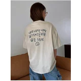 K&H TWENTY-ONE Women's Beige Love Love Love Printed Oversized T-shirt.