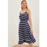 Olalook Women's Navy Blue Striped Thin Strap Elastic Waist Knitted Viscose Dress