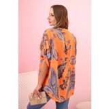 Kesi Włoski Women's cotton blouse with decorative print and rolled-up sleeves orange | Shoptok.si