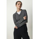 Happiness İstanbul Women's Anthracite V-Neck Crop Knitwear Sweater Cene