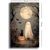 Wallxpert slika na platnu 4570HALC-013, Noć veštica, duh i crna mačka na bundevi u šumi pod punim mesecom, 45 x 70 cm | Eponuda.com