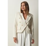  Women's Ecru Asymmetrical Detailed Crop Tweed Jacket | shoptok.hr