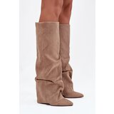 Boto Insulated Women's Boots With Turned Collar On Heel Eco Suede Beige Elivira | shoptok.hr