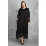 Şans Women's Plus Size Black Lace Detailed Viscose Long Sleeve Dress