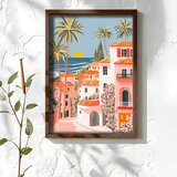Wallxpert uramljena MDF slika NAL092-46, mediteransko primorsko mesto sa palmama i roze kućama u zalasku sunca, 35,5 x 47 cm | Eponuda.com