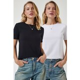 Happiness İstanbul Women's Black and White Crew Neck 2 Pack Basic Knitted T-Shirt Cene
