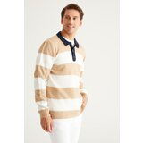 AC&Co / Altınyıldız Classics Men's Milky Brown-ecru Standard Fit Regular Cut Polo Neck Striped Knitwear Sweater. Cene