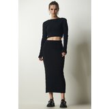  Women's Black Ribbed Crop Knitwear Sweater Skirt Suit | Shoptok.si