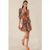 By Saygı Double Breasted Neck Waist Belted Lined Shawl Patterned Layered Satin Dress Orange