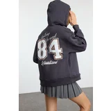 Trendyol Anthracite Slogan and Back Printed Oversize Hooded Knitted Sweatshirt