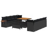 vidaXL 11-delni vrtni kavč s blazinami črn poly ratan akacija, 3-delni vrtni jedilni set s blazinami črn poly ratan akacija | Shoptok.si