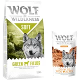 Wolf of Wilderness 12kg + 100g Snack "Explore the Wide Acres" piletina gratis! - Green Fields - janjetina (poluvlažna)