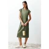 Trendyol Khaki 100% Cotton Moon Sleeve Shift/Comfortable Cut Midi Knitted Midi Dress Cene
