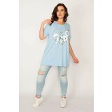 Şans Women's Plus Size Baby Blue Lacquer Printed Relaxed Fit Crew Neck Tunic Cene
