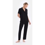 Dagi Black Embroidery Detailed Viscose Shirt Trousers Pajamas Set cene