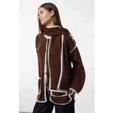 Trendyol Brown Soft Texture Wide Pattern Scarf Beard Detailed Knitwear Cardigan