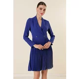 By Saygı Double Breasted Neck Button Detailed Pleated Long Sleeve Dress Saks