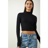 Happiness İstanbul Women's Black Turtleneck Ribbed Crop Knitted Blouse Cene