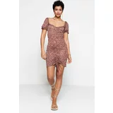 Trendyol Brown Printed Sweetheart Neck Pleated Fitted Ribbed Flexible Mini Knit Dress