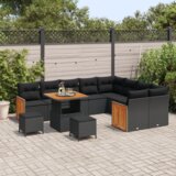 vidaXL Set kauča za vrt od 12 komada s jastučićima Crni Poli Ratan Akacija | shoptok.hr