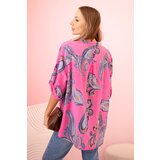 Kesi Włoski Women's cotton blouse with decorative print and rolled-up sleeves pink | shoptok.hr