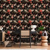  Tapeta - Ornament with birds - silhouettes of cranes and peony flowers on a dark background 49x1000 Samoljepljiva | shoptok.hr