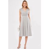 armonika Women's Gray Elastic Waist And Shoulder Skirt Lined Double Breasted Neck Midi Length Dress cene