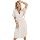 numoco basic 607-1 LYRA pleated midi dress with envelope neckline and wide belt - beige | shoptok.hr