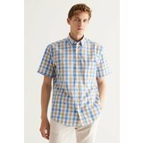 AC&Co / Altınyıldız Classics Men's White-mink Comfort Fit Comfy Cut. Concealed Button Collar Checkered Cotton Short Sleeve Shirt. Cene