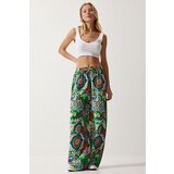  Women's Green Orange Patterned Flowing Viscose Palazzo Trousers Cene