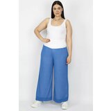Şans Women's Plus Size Blue Corsage Belt Detailed Lined Knitted Fabric Trousers Cene