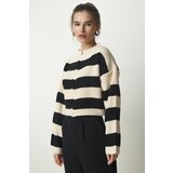 Happiness İstanbul Women's Cream Black Zippered Striped Knitwear Cardigan Cene