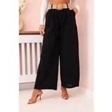 Kesi Włoski Women's linen trousers with wide legs and a belt black Cene