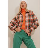Trend Alaçatı Stili Women's Orange Patterned Zippered Seasonal Bomber Jacket with Elastic Waist cene
