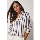  Women's Cream Navy Blue Striped Flowy Satin Shirt