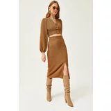 Olalook Women's Camel Slit Skirt Knitted Suit