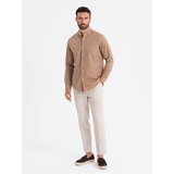 Ombre Men's linen shirt with stand-up collar and pocket REGULAR FIT - light brown | Shoptok.si