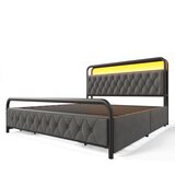 Lumor Postelja 140x200 cm z predali, LED, polnilnimi priključki, oblazinjena z žametom, kovinski okvir - siva, (22151169) | Shoptok.si