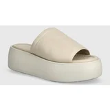 Calvin Klein Usnjeni natikači FLATFORM SLIDE LTH ženski, bež barva, HW0HW01943