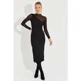 Cool & Sexy Women's New Year Black Tulle Detailed Asymmetrical Midi Dress